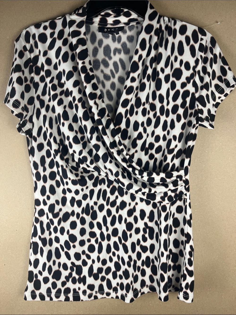 DKNY Animal Print Faux Wrap Top M Ruched Waist Career Office Chic
